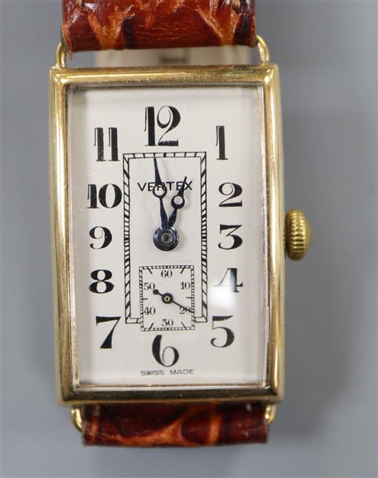 A gentlemans 1930s 9ct gold Vertex manual wind wrist watch, with rectangular Arabic dial and subsidiary seconds,